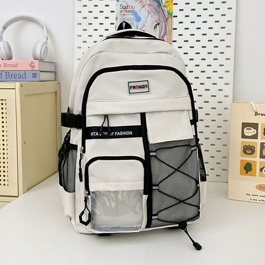 Side view of unisex nylon backpack showing curved shoulder strap system