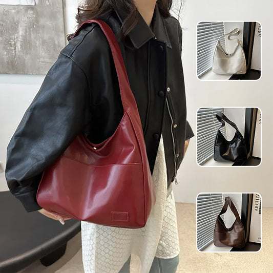 Large capacity vintage PU leather shoulder bag for women, perfect for work, shopping, and daily essentials.