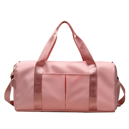 Travel duffel bag featuring zipper, phone, and document pockets for secure organization.