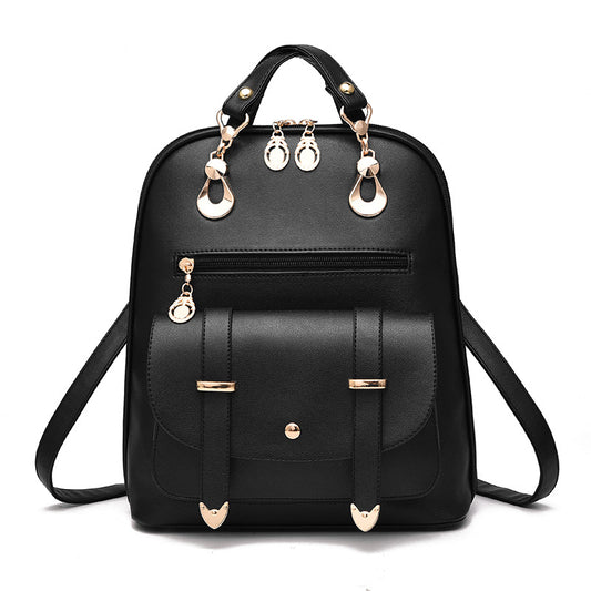 Women's PU leather dual-use backpack with convertible shoulder strap in black, stylish fashion backpack for everyday use.