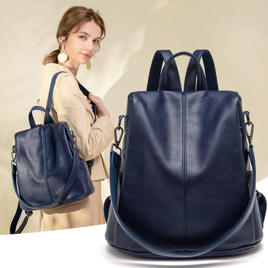 Anti-theft soft leather backpack for women in black and blue