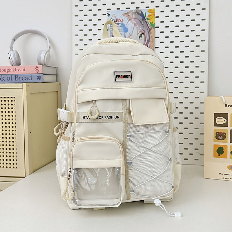 Back view of ergonomic backpack highlighting curved strap placement