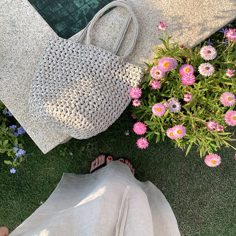 Dark brown handwoven raffia tote bag, summer shoulder bag