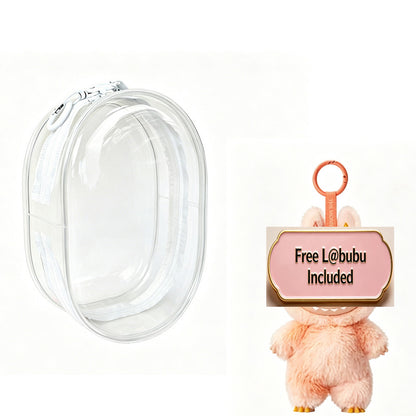 Mini doll display bag holding collectible figures inside clear case