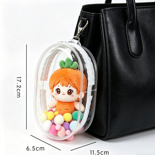 Clear PVC mini doll backpack with zipper closure, front view