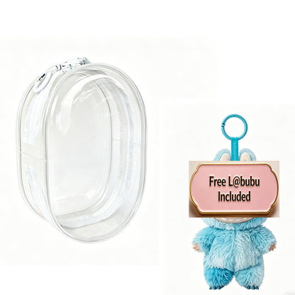 Side view of compact mini figure storage bag showing PVC material